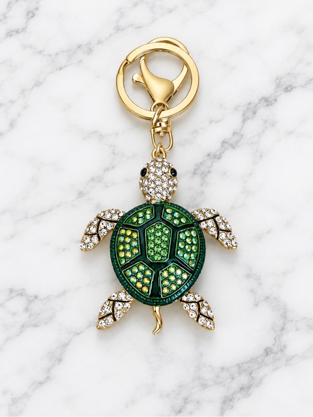 Green Rhinestoned Turtle Bag Charm/Keyring-Gold Hardware